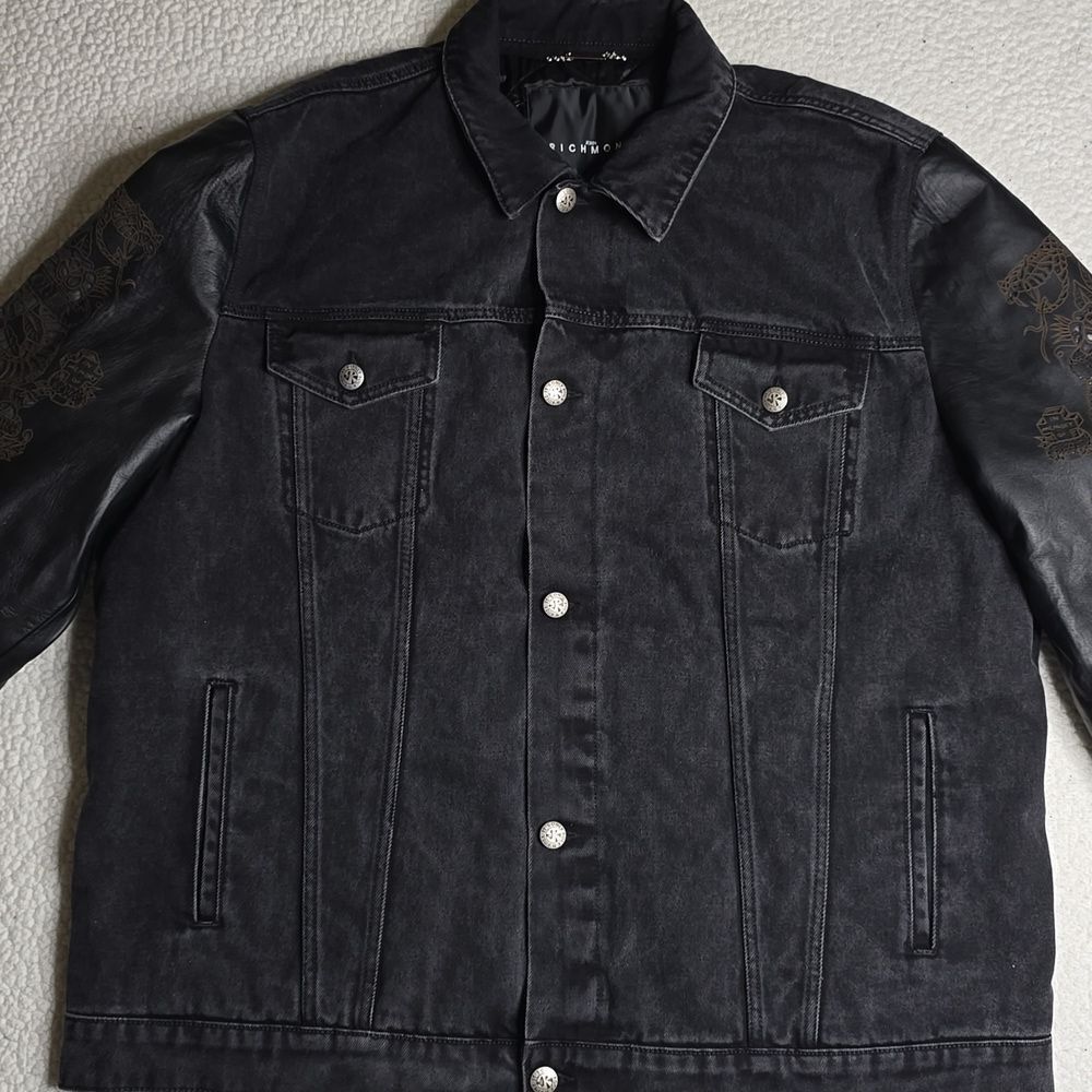 John Richmond - Denim and Laser Cut Leather Jacket in Black Large - Picture 3 of 16